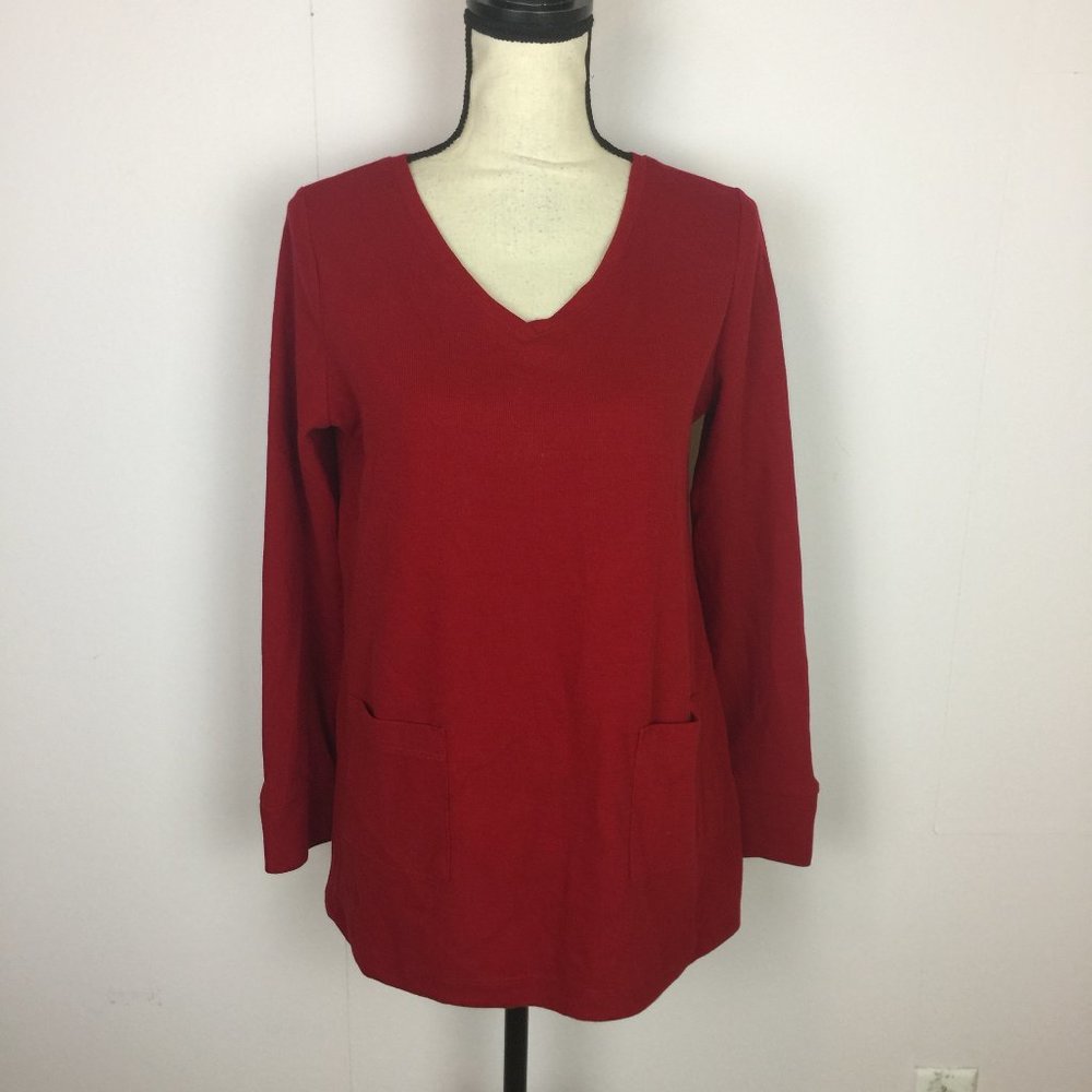 J Jill Knit Tunic Top Size XS Womans Red V-Neck Long Sleeve Pockets Stretch